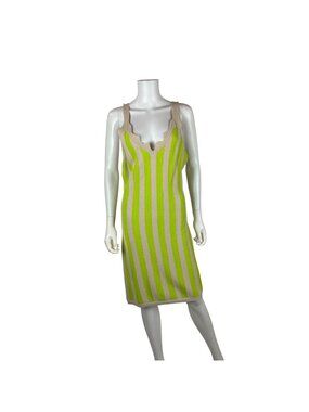 House of Harlow Striped Knit Dress Womens L Neon Lime Green Bodycon Scalloped